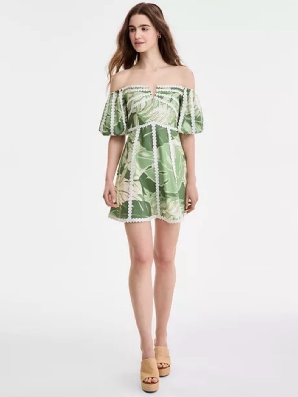 Rachel By Rachel Roy Green Tropical Print Off Shoulder Mini Dress
